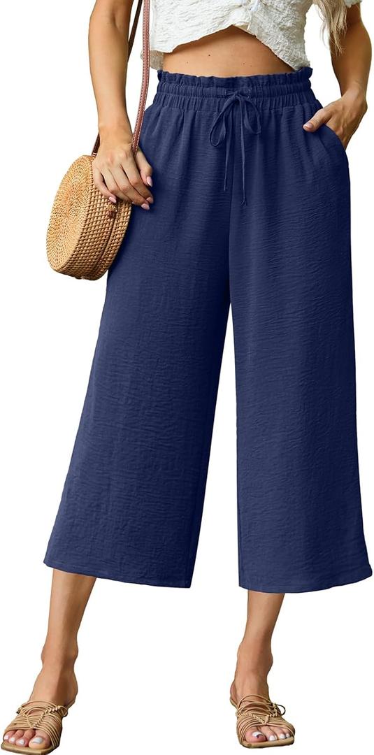 FREEOAK Capri Pants for Women High Waisted Wide Leg Casual Lounge Pant Summer Capris Adjustable Drawstring with Pockets (Large, A - Dark Blue)