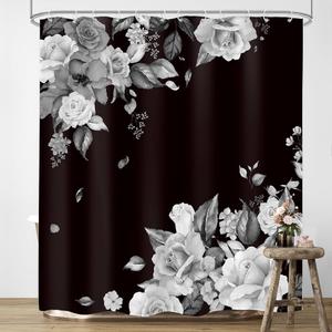 LIGHTINHOME Black Floral Shower Curtain White Gray Blossom Roses 60Wx72H Urban Unique Modern Artwork Waterproof Fabric Home Bathtub Decor 12 Pack Plastic Hooks LIGHTINHOME Black Floral Shower Curtain White Gray Blossom Roses 60Wx72H Urban Unique Modern Artwork Waterproof Fabric Home Bathtub Decor 12 Pack Plastic Hooks