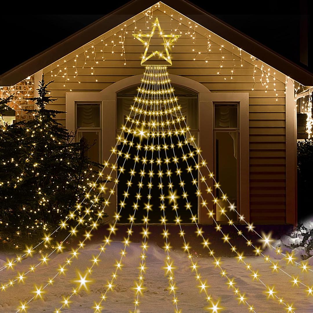 Onory Christmas Outdoor Star String Lights 23FT 860 LED Waterproof Waterfall Tree Lights with Star Topper, 8 Modes Christmas Decorations Outdoor Tree Lights for Patio, Yard, Party Holiday Dec (Warm White)