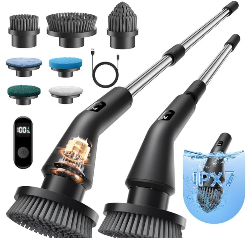 Leebein Electric Spin Scrubber, Cordless Cleaning Brush for Bathroom Shower Tub, IPX7 Waterproof Power Scrubber with 7 Brush Heads, Extendable Long Handle and 2 Speeds Scrubber for Bathtub Floor