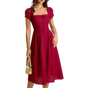 RIHOAS Casual Dresses for Women Short Sleeve Square Neck Midi Dress | Elegant,Botton,Puff Sleeve,A-Line,Cotton linen,Church,Vacation,Semi Formal,Beach,Retro,X Cross,Summer (Red, M)