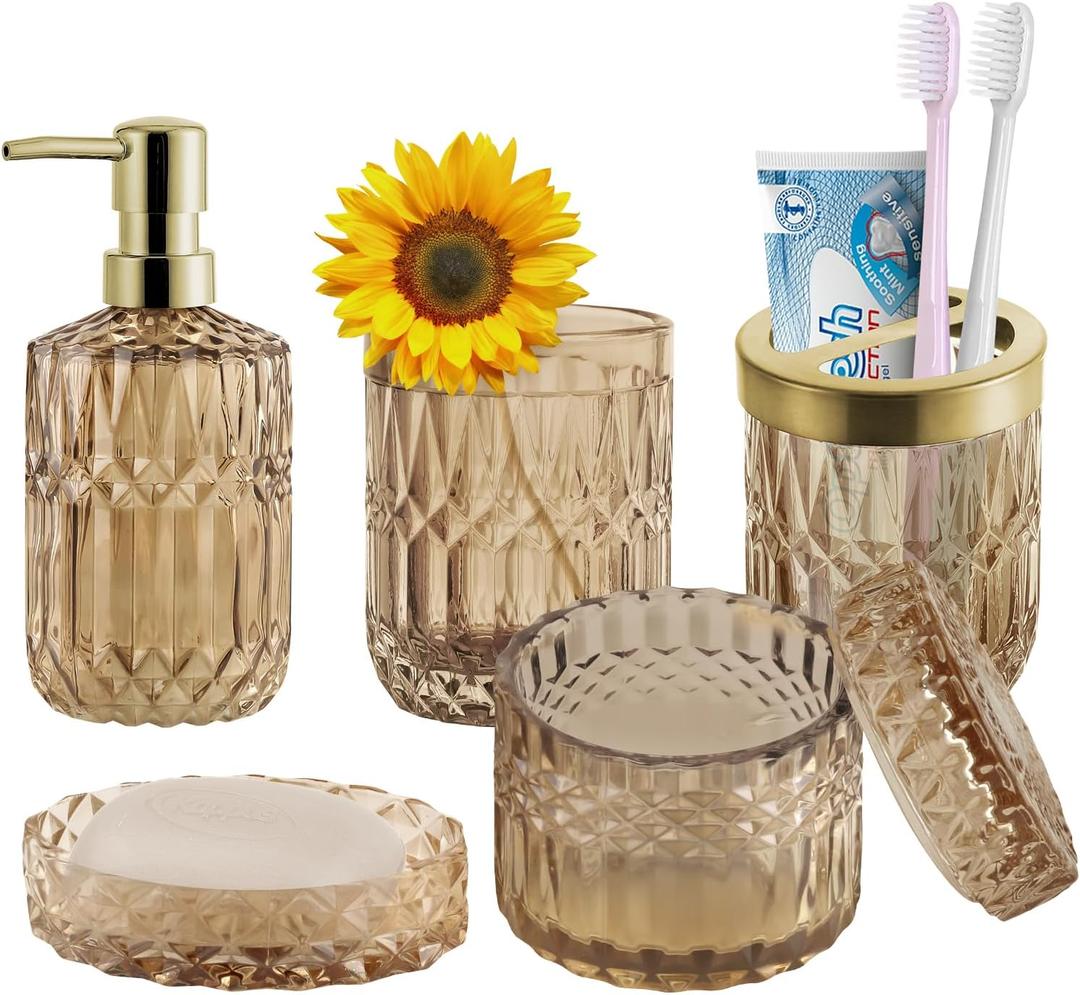 Brown Bathroom Accessories Set,5PCS Amber Glass Toothbrush Holder Set,Bathroom Soap Dispenser Set,Cotton Swab Jar,Soap Dish,Housewarming Décor Gift