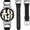 Minyee Leather Band Compatible with Samsung Galaxy Watch 7/6/5/4/FE/Active 2 40mm 44mm/Watch 6 Classic 43mm 47mm/Watch 5 Pro 45mm Bands, 20mm Slim Dressy Leather Strap with C-Shape Metal Buckle Women (Black/Silver)