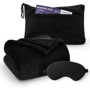 Bedsure Travel Blanket Airplane Compact with Storage Bag, Packable Blanket with Eye Mask, Lightweight 2-in-1 Travel Essentials, Functioned as Pillow for Airplane Comfort and Warmth, Black (Throw)