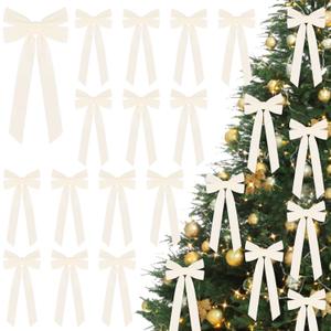 JOICEE 15Pcs Velvet Bows for Christmas Tree, Christmas Wreath Bows Rustic Crafts Gift Bows Velvet Ribbon Bows for Xmas Home Garland Decorations Holiday Wedding Outdoor Indoor Decor(Beige)