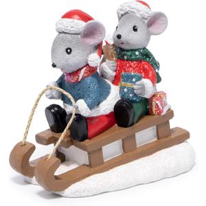 Hodao Christmas Mouse Figurines with Sleigh  Adorable Holiday Decoration Mice in Santa Hats, Festival Christmas Home Decor, Table Centerpiece, Winter Gifts (Blue)