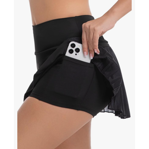 Women's Half Pleated Tennis Skirt with Built in Shorts Mini Flowy High Waist Athletic Skort with Zipper Pockets XXL