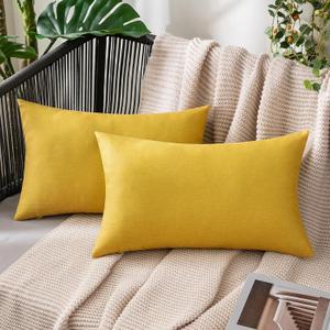 MIULEE Pack of 2 Decorative Outdoor Solid Waterproof Throw Pillow Covers Faux Linen Garden Farmhouse Cushion Cases for Summer Patio Tent Balcony Couch Sofa 20x12 Inch Yellow