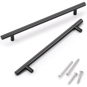 KNOBWELL 6 Pack 7-6/19 in Black Cabinet Handles Round, Modern T Bar Kitchen Cupboard Handles Dresser Drawer Pulls, 10 inch Overall Length