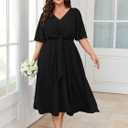 SCOMCHIC Women Plus Size Midi Dresses Wedding Guest Short Sleeve V Neck Tie Waist Casual Summer Flowy A Line Dress (Black, XXXL)