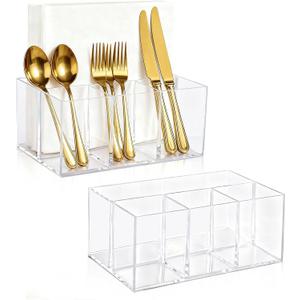 2Pack Acrylic Utensil Holder Silverware Organizer 4 Compartments Tableware Storage Box Countertop Cutlery Caddy for Forks, Knives, Spoons, Napkins, PlatesIndoor/Outdoor Use
