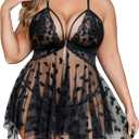 Avidlove Plus Size Lingerie Lace Babydoll Womens Teddy Chemise V Neck Nighty Mesh Sleepwear Front Slit Nightdress (4X-Large, Black)