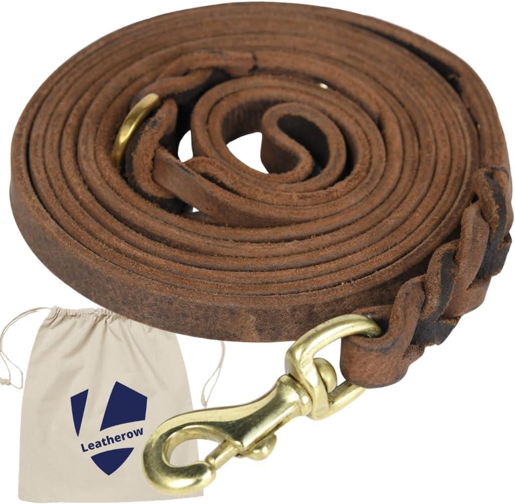 Leather Dog Leash 6 FT Long x 1/2 Inch Wide, Strong Heavy Duty Genuine Leather Braided Dog Training Leash, Soft and Comfortable Leather Leash for Dogs (Brown)