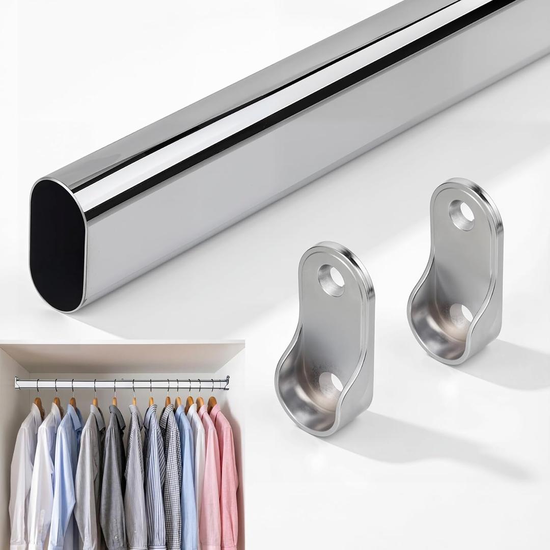 FIRJOY Adjustable Oval Closet Rod with End Supports, Heavy Duty Carbon Steel Wardrobe Rod (Chrome, 17.5" - 29.5")