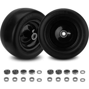 2PCS 11x6.00-5 Flat Free Tire and Wheel with 1/2" & 3/4" & 5/8" Precision Bearings and 5.8"-10.4" Centered Hub, Black Front Zero-Turn Smooth Tire Replacement for Riding Lawn Mowers Garden Tractor