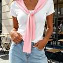Remidoo Womens Sailor Collar Shirt Short Sleeve Color Block T Shirt (Pink, M)