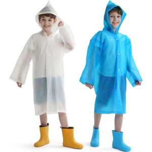 Opret 2 Pack Raincoats for Kids, Reusable Rain Ponchos with Hood and Sleeves Waterproof Rain Coats for Boys and Girls