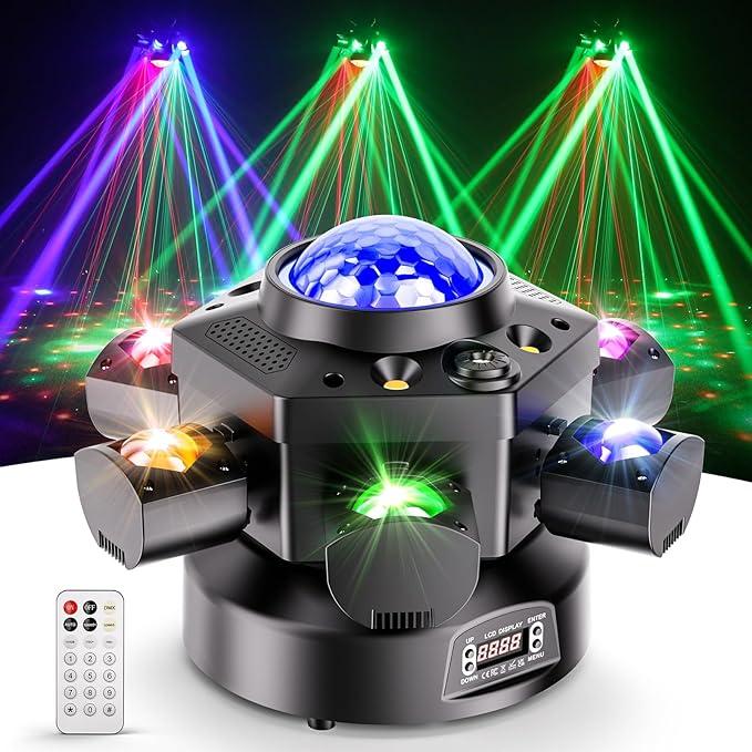 DJ Light Moving Head 120W 6 Arms Beam Rotating Stage Lights with Kaleidoscope/White Amber Strobe/Starry Sky Lighting Effect Support Remote&DMX-512 & Sound Activated 24CH
