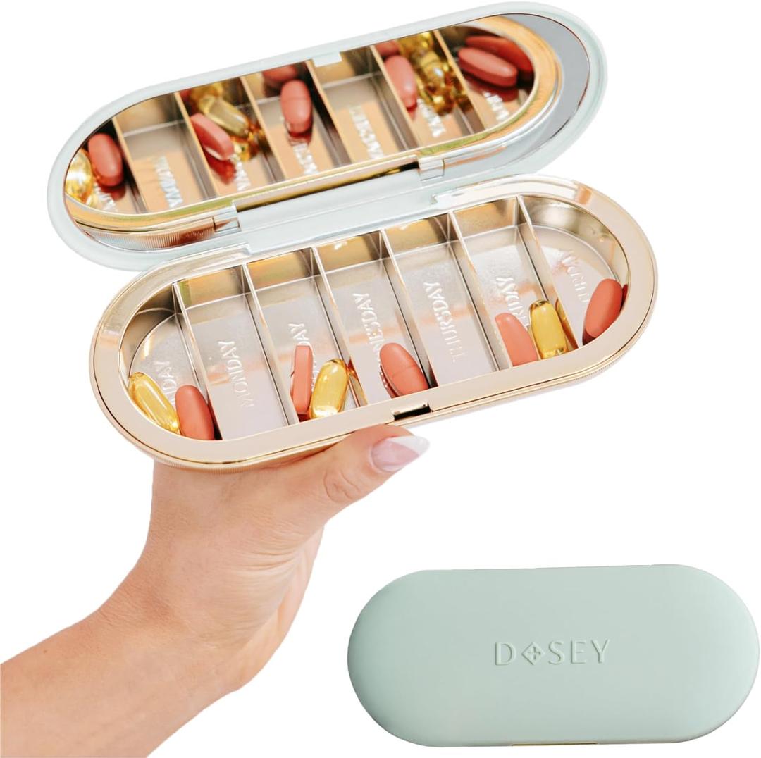 Dosey 7 Day Pill Compact Travel Pill Organizer - Pill Case with 7 Pill Compartments for Medicine Storage & Protection  Stylish & Elegant Medication Organizer with Mirror, Sage