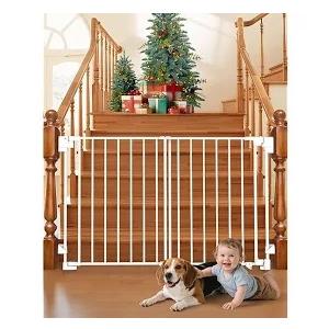 No Bottom Bar Baby Gate for Stairs Doorways, 29"-43.5" Adjustable Wall Mount Baby Gates Extra Wide with Bottom Wheels, Safety Dog Pet Gate, Easy Install, 30" Tall, White 