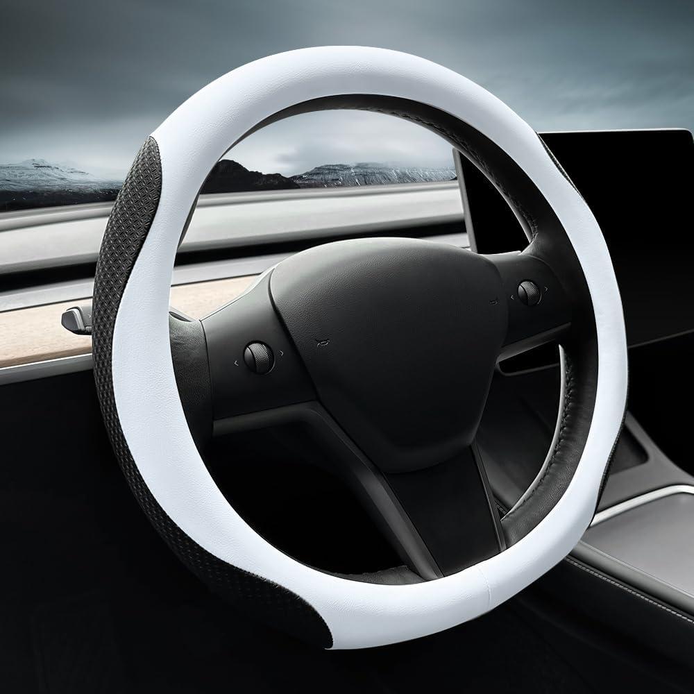 LKWLIKEI Nappa Leather Ultra-Thin Steering Wheel Cover, for Tesla Model 3/Y Steering Wheel Cover, Non-Slip Design and Interior Modification of car Accessories White