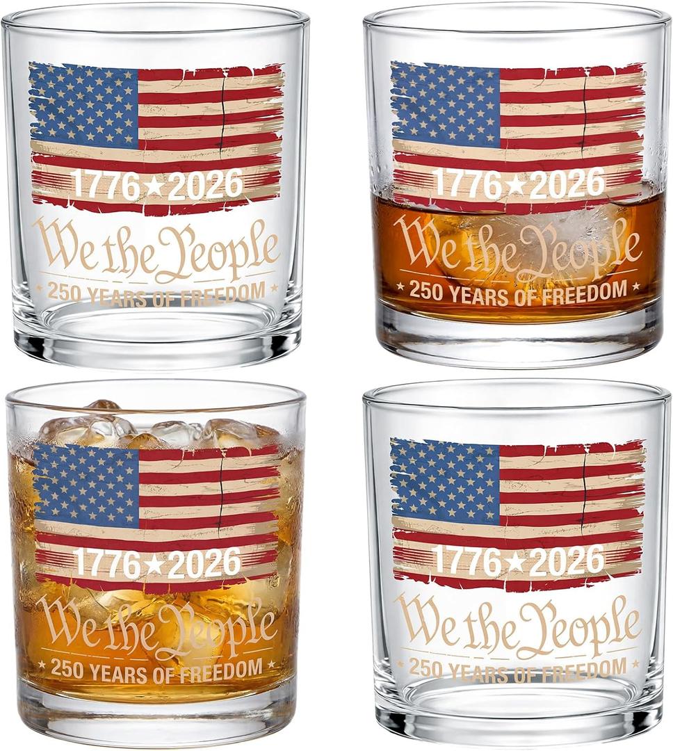 Mumufy 4 Pack 10oz 250th Anniversary Whiskey Rocks Glasses Old Fashioned Glass Drinkware 1776-2026 Patriotic Distressed Vintage American Flag We the People Design, USA Commemorative Gift