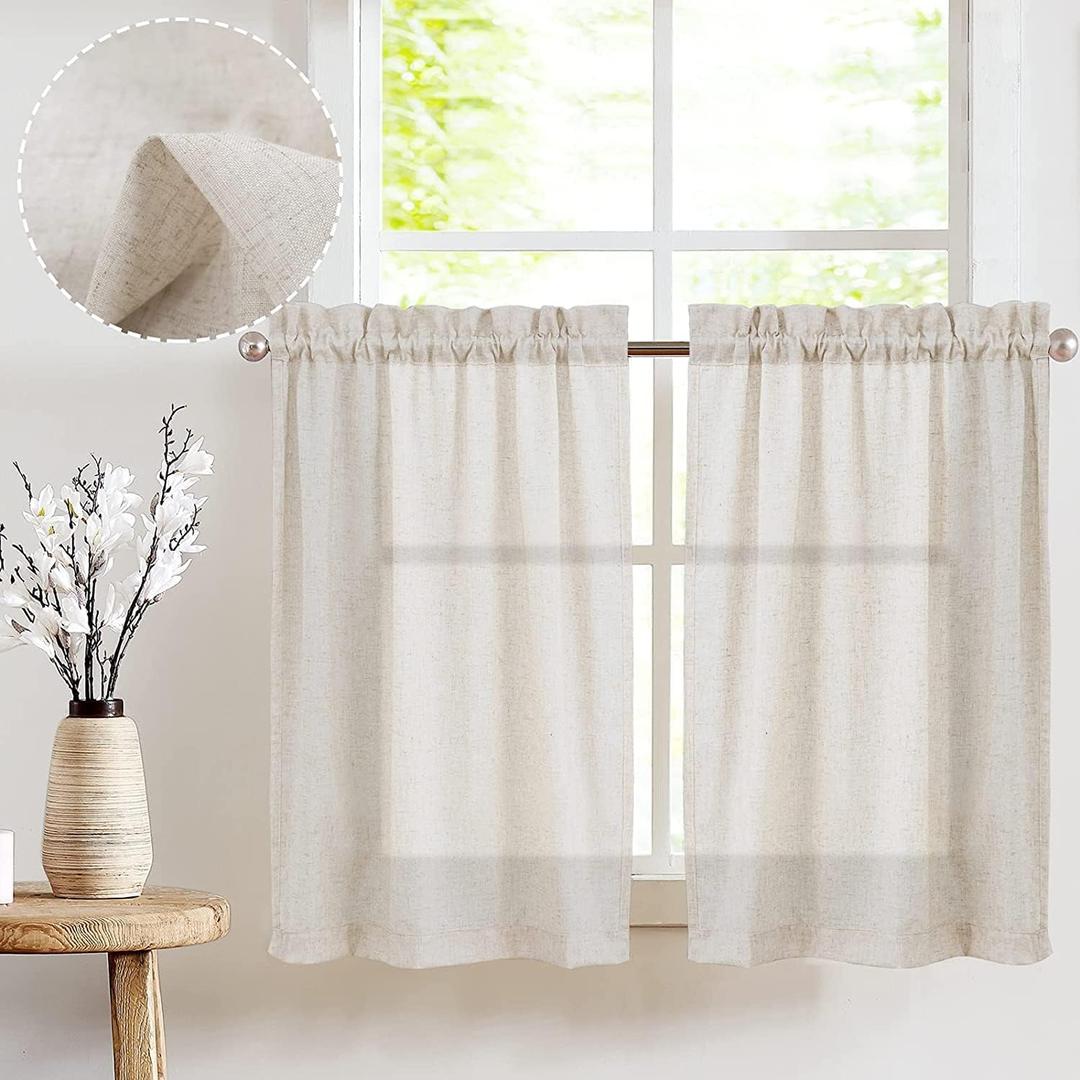 jinchan Beige Kitchen Curtains Linen Tier Curtains 24 Inch Farmhouse Cafe Drapes for Small Window Flax Country Rustic Rod Pocket Bathroom Laundry Room RV Light Filtering 2 Panels Crude