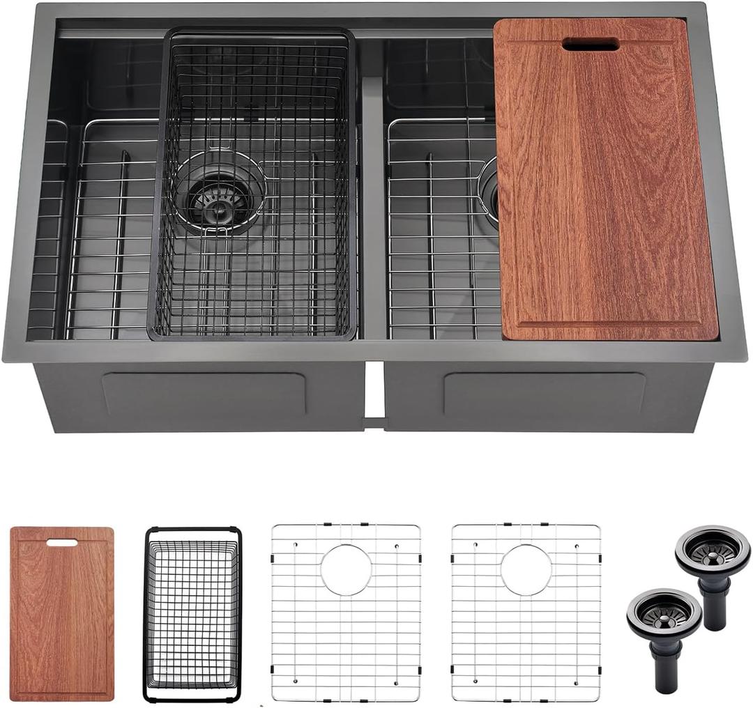 32x19 Inches Black Double Bowl Kitchen Sinks 32 Inch 50/ 50 Undermount Double Sink 16 Gauge Black Stainless Steel Double Basin Workstation Sink