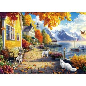 1000 Piece Jigsaw Puzzle Cozy Autumn Lakeside Village with Fall Foliage, Pets and Snow-Capped Mountains, Seasonal Art, Calming Brain Challenge for Fall and Nature Decor Collectors
