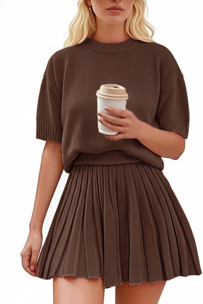 Womens 2 Piece Outfits 2026 Short Sleeve Crewneck Knit Tops And Pleated Mini Skirt Two Piece Sets (Brown, M)