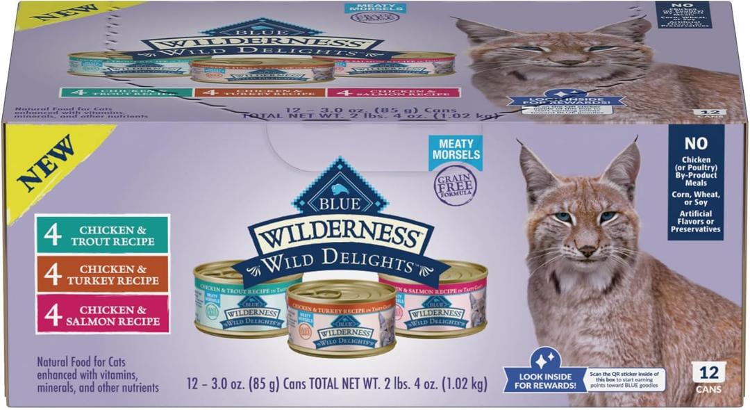 Blue Buffalo Wilderness Wild Delights High Protein Grain Free, Natural Adult Meaty Morsels Wet Cat Food, Chicken & Turkey, Chicken & Trout, Chicken & Salmon 3-oz cans (12 Count - 4 of Each Flavor). 08/May/2024