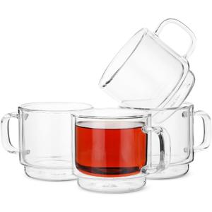 TaT- Stackable Insulated Coffee Mugs, Glass Tea Mugs, Set of 4 (12 oz, 350 ml), Double Wall Glass Coffee Cups, Tea Cups, Latte Cups, Beer Glasses, Latte Mug, Clear Mugs