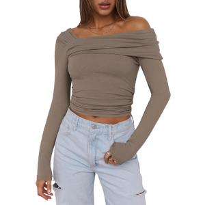 ANRABESS Womens One Off Shoulder Shirts Long Sleeve Going Out Crop Tops Ruched Tight Casual Blouse 2025 Trendy (X-Large, Khaki)