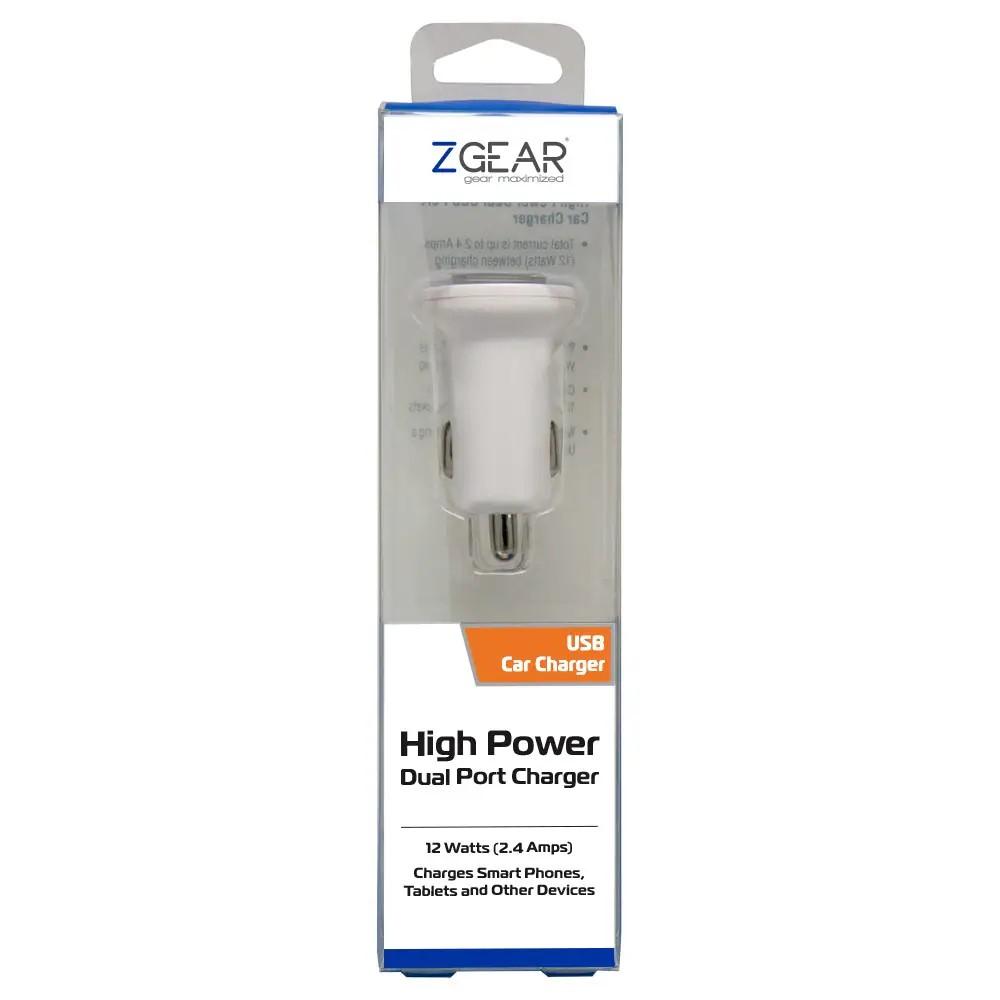 ZGear High Power Dual Port 12 Watts USB Car Charger - White