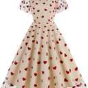 Women Floral Embroidery Dress Sheer Mesh Ruffle Sleeve Illusion Vintage Cocktail Swing Dress Tulle Dinner Dress (Small, Apricot Heart)