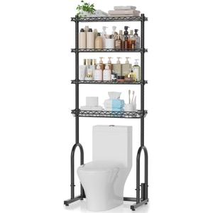 EAGMAK Over The Toilet Storage Rack, 4-Tier Bathroom Organizer with Adjustable Shelves & Basket, Rust-Resistant Metal Over Toilet Shelf for Small Bathroom Space Saving, Black