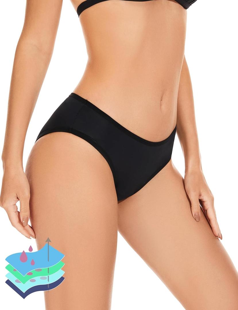 OVRUNS Period Swimwear Leakproof Bikini Brief Bottoms Waterproof Menstrual Swim Bottoms for Teens, Girls, Women (Black, L)