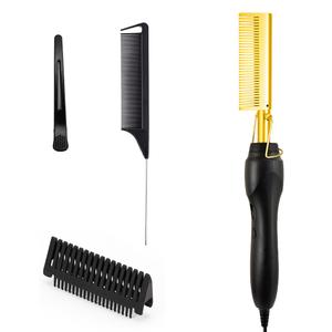 Electric Hot Comb Hair Straightener - Heat Pressing Comb Portable Curling Flat Iron Curlers High Heat Ceramic Press Comb - Professional Electrical Straightening Comb (Black)