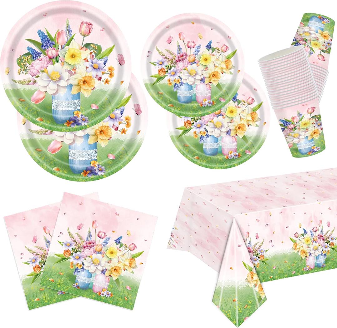 Floral Party Supplies Set, Pink and Green Theme, Includes Plates, Cups, Napkins and Tablecloth for Spring, Summer, Garden, Tea Party, Bridal Showers, Baby Showers, Serves 25