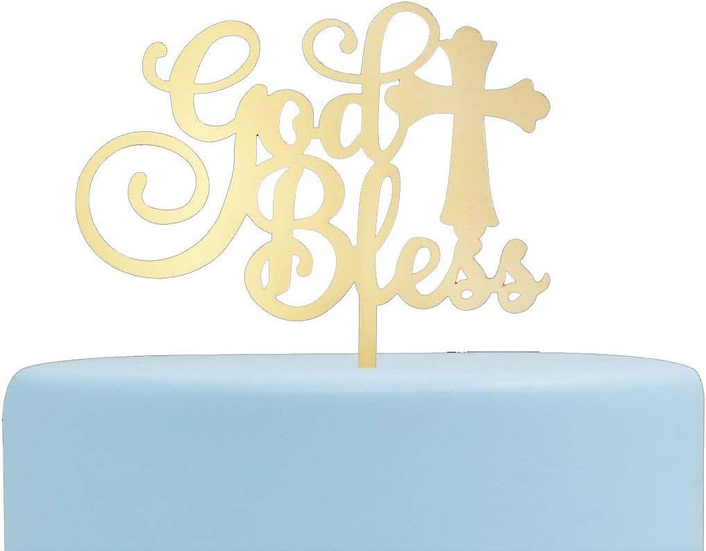 God Bless Acrylic Cake Topper for Baptism, Christening, Dedication or First Communion Decorations(MIrror Gold)