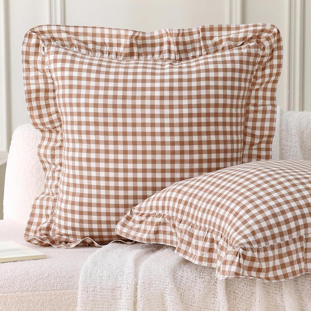 Aryeleay 2 Pack Khaki White Plaid Ruffle Throw Pillow Covers, 100% Cotton Gingham Checkered Farmhouse Decorative Pillow Shams for Bed/Sofa - 20 x 20