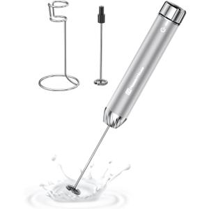 Maestri House Rechargeable Milk Frother with Stepless Speed Control, LunaFro Max Handheld Electric Foam Maker Waterproof Drink Mixer Foamer with Stand & Detachable Whisks for Lattes, Cappuccino (Silver)