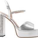 JANSEVEN Rhinestone Sandals Women Crystal Heels Platform Chunky Heel Ankle Strap Sparkling Sandals Peep Toe Sexy Dress Bridal Wedding Party Shoes 7.5