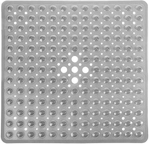 Yimobra Shower Bathtub Mat Non Slip, 21x21 Inch, Soft Square Bath for Tub with Suction Cups and Drain Holes, Stall Floor Mats Bathroom, Machine Washable, Bathroom Accessories, Clear Gray