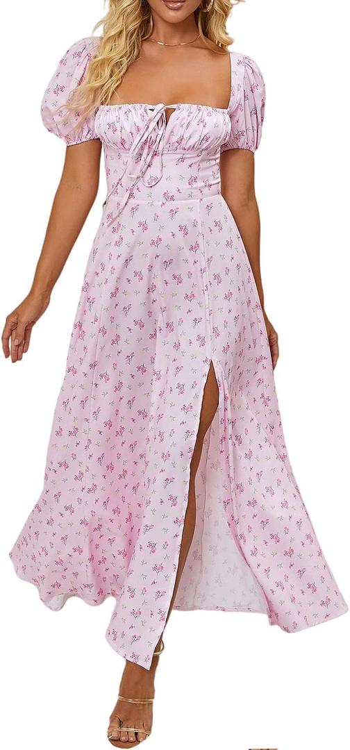 Women's Summer Puff Sleeve Floral Split Maxi Dress Flowy A Line Casual Beach Long Dresses 2026, L