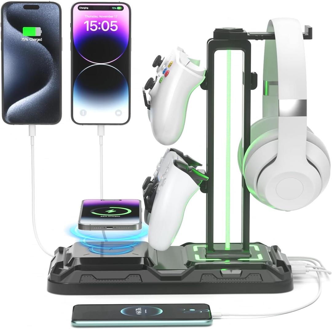KDD Headphone & Controller Stand with Wireless Charging - Rotatable Headset Stand with 9 Light Modes - Controller Holder with 2 USB and Type C Ports - for Gamers Desktop Accessories