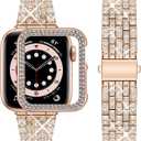 wutwuk Diamond Band with Bling Case Compatible with Apple Watch Bands for Women 42mm, Sparkly Metal Strap with Crystal Protective Bumper for iWatch Series 11 10, 42mm Rose Gold