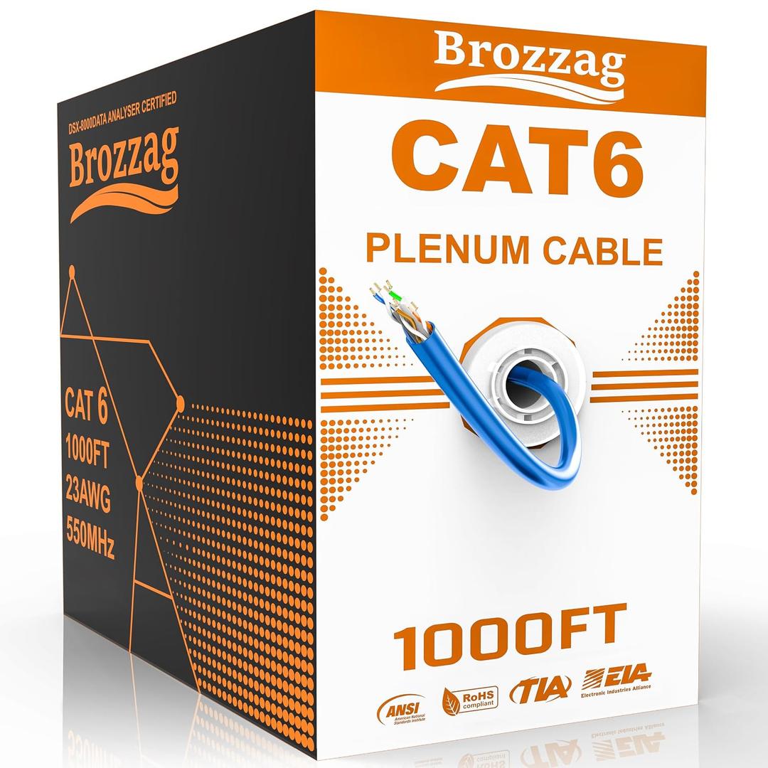 CAT6 Plenum Cable 1000ft, 23AWG UTP 550MHz 10Gbps, DSX-8000 Certified, Internet Cable Rated for in-Wall, Outdoor & Direct Burial, Tangle-Free Spool, Bulk Cat6 LAN Wire for Home, Office (Blue)