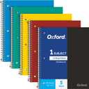 Oxford 1 Subject Spiral Notebook, Notebook for School, Plastic Covers, Back to School Supplies, College Ruled, 100 Sheets, 5 Pack, Assorted Primary Colors: Black, Blue, Red, Green and Yellow (1009289)