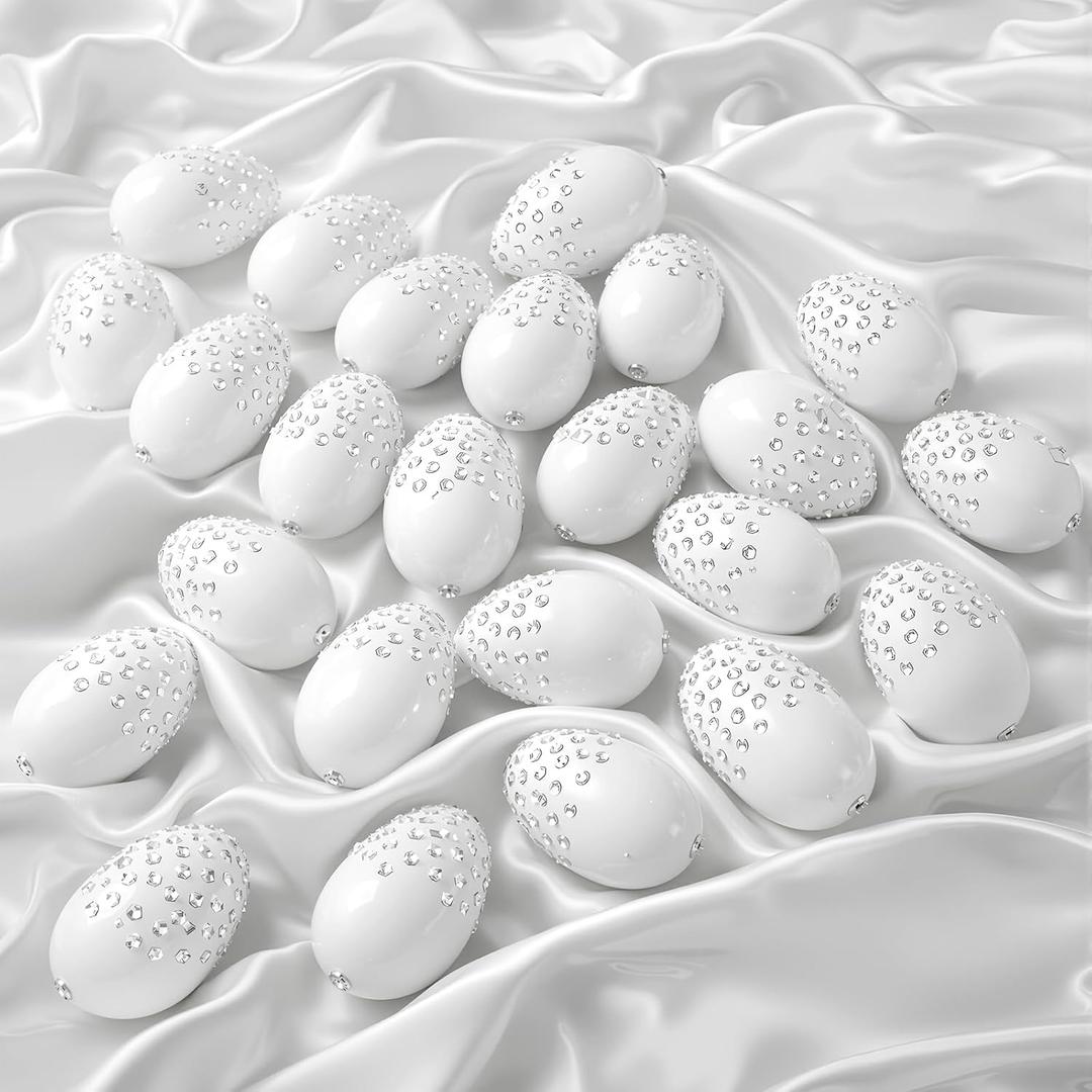 Qunclay 24 Pcs Easter Egg Decorations 2.4 in Plastic Rhinestone Eggs White Elegant Vase Filler and Basket Stuffer DIY Craft Supplies for Easter Gift Spring Wedding Party Vase Home Decor (Glitter)